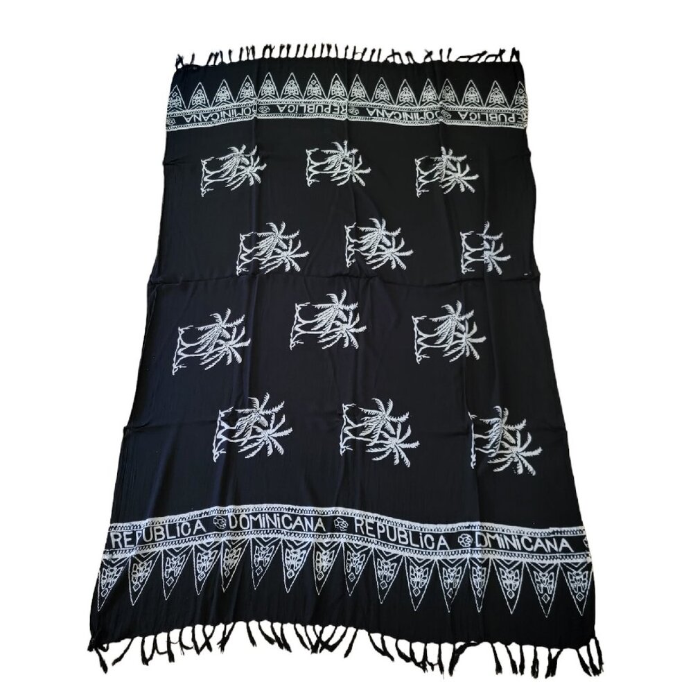 Vintage DOMINICAN REPUBLIC Tropical Black White Cotton Scarf Shawl Wrap Souvenir